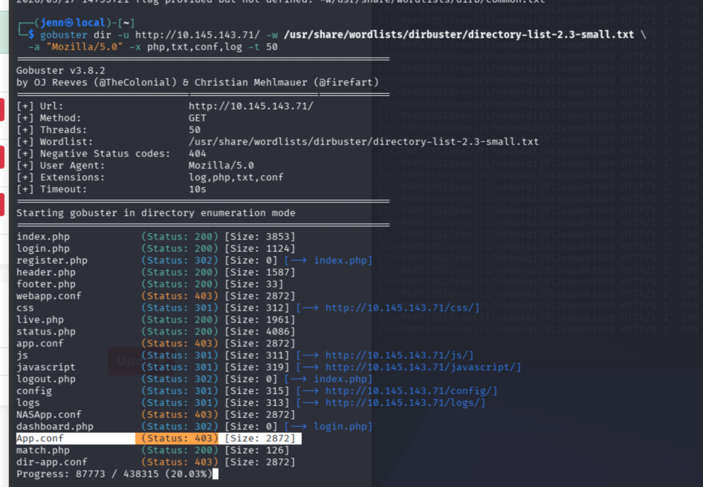 gobuster output showing App.conf with byte size matching ETag from initial curl